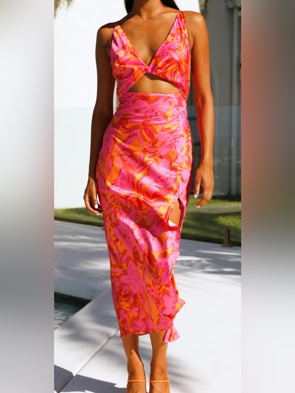 Hello Molly LOVELY CAMELLIA Pink and Orange Floral Midi Dress cutout 6 HOCO